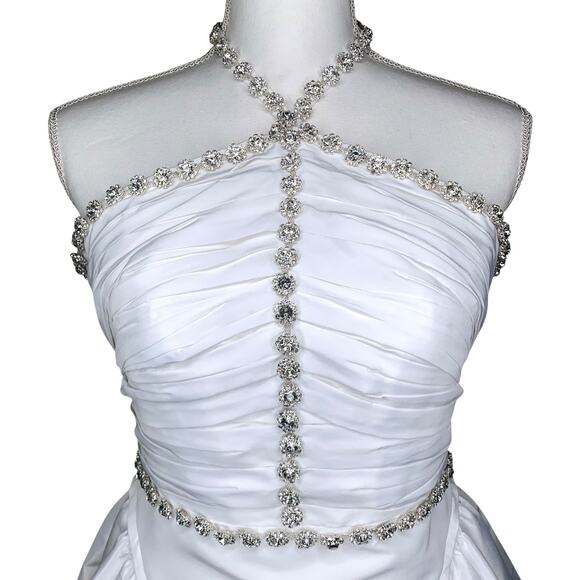 Self-Portrait White Taffeta Diamanté Embellished Trim Halter Neck Mini Dress - Picture 9 of 16